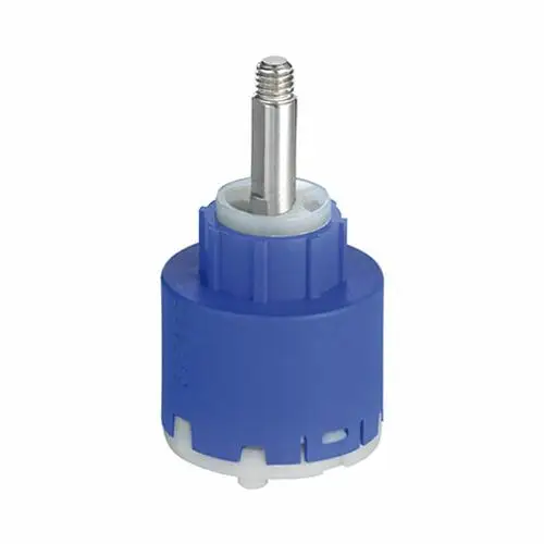 Kludi Ersatzteil, blaue Kartusche mit einem zentralen Stift. Das Produkt ist für Sanitäranwendungen konzipiert und dient als Mechanismus für Temperatur- oder Wasserdruckregelung.